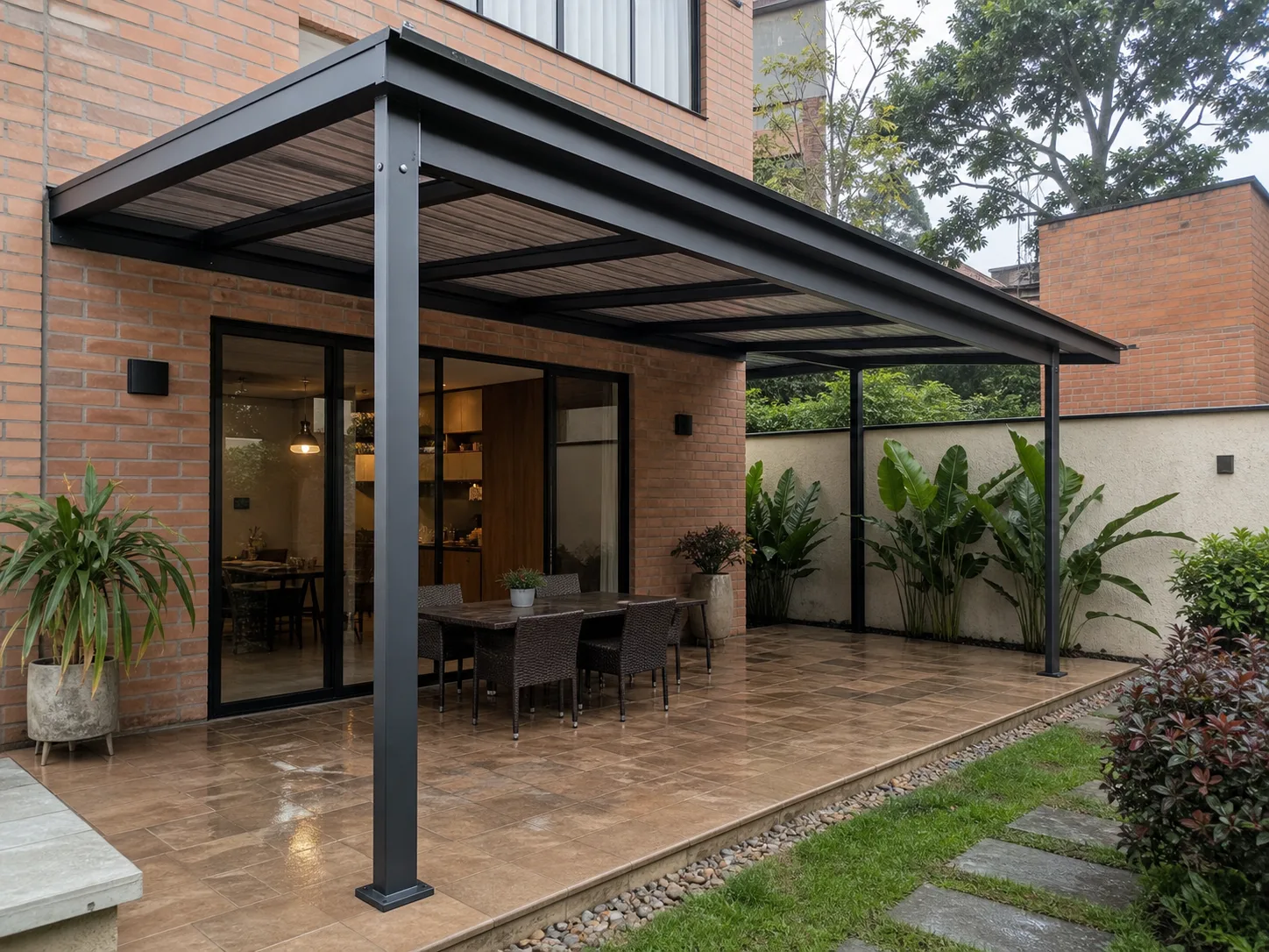Pérgola metálica negra instalada sobre un patio residencial en Medellín